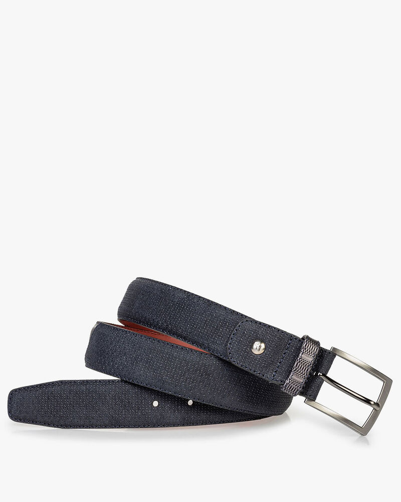 Suede leather belt blue with print