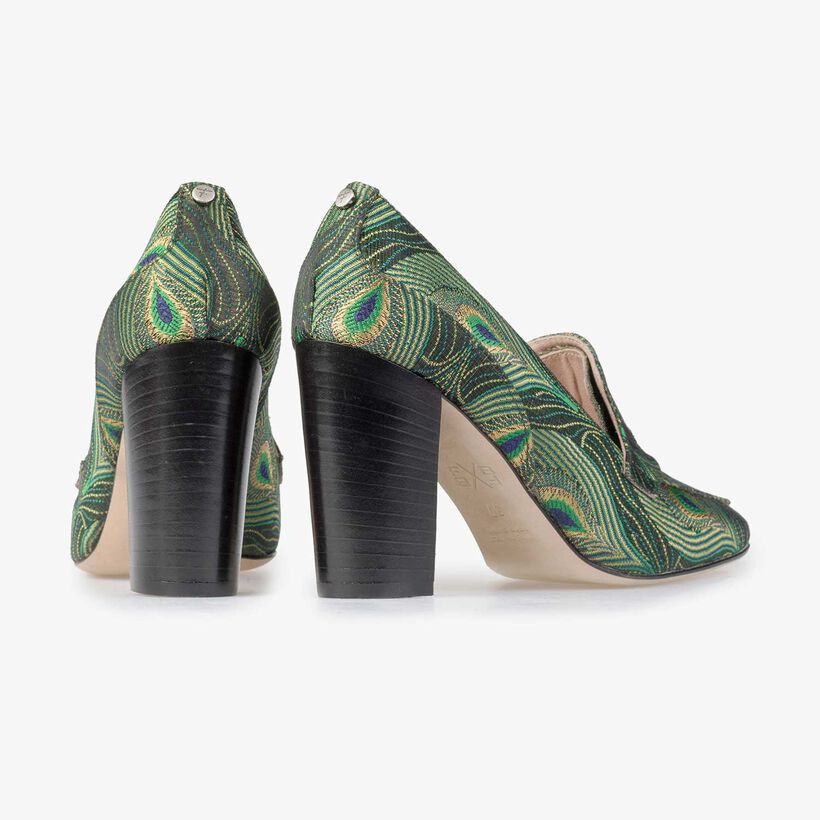 High heels with green peacock print