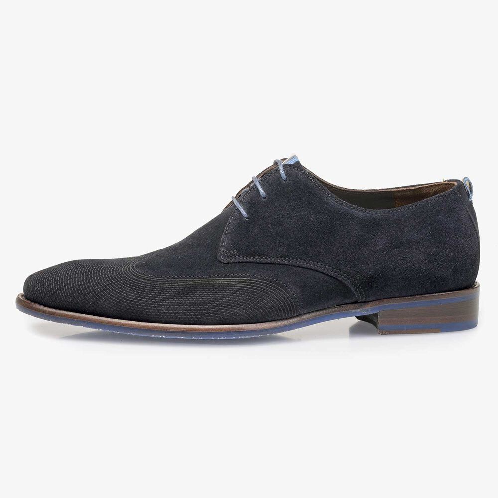 Dark blue suede leather lace shoe with a laser-cut pattern
