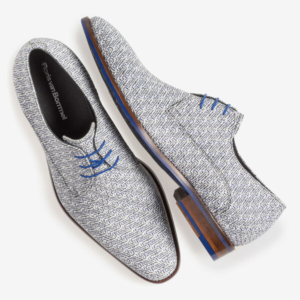 White leather lace shoe with blue print