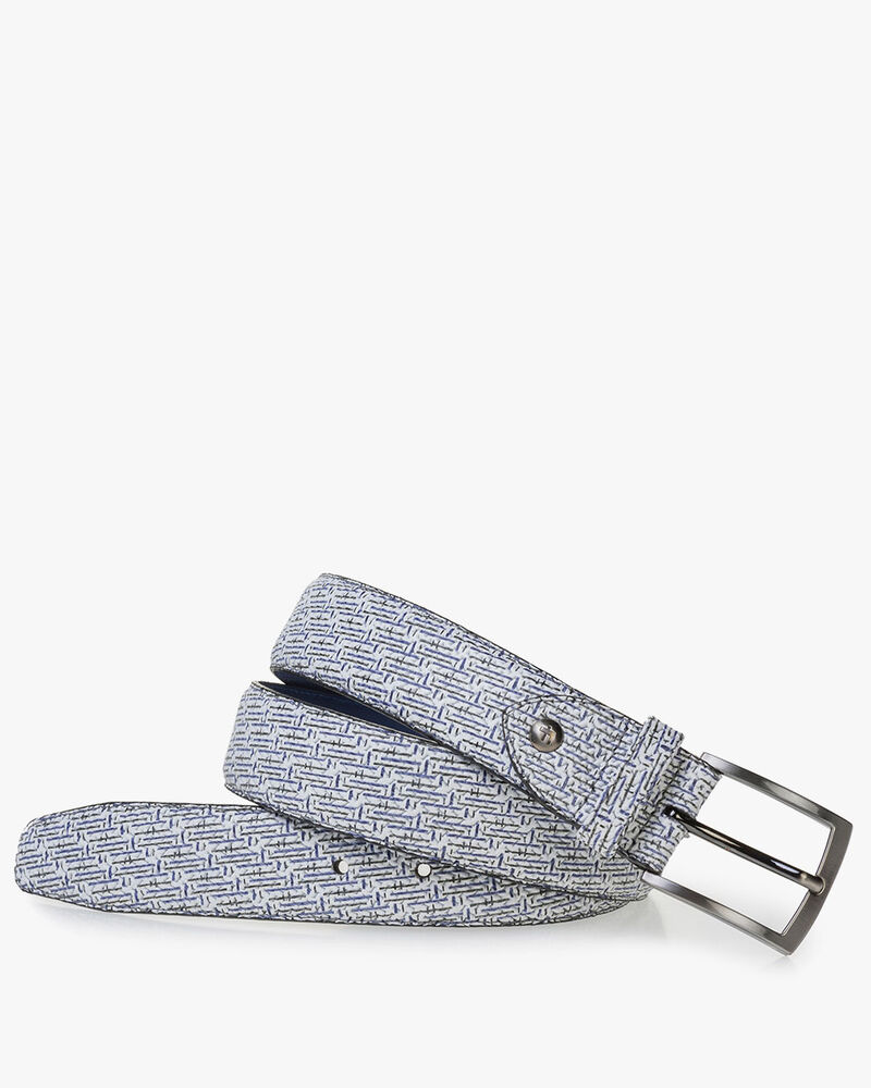 White leather belt with blue print