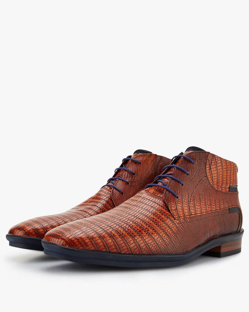 Schnürstiefel Leder mit Print cognac