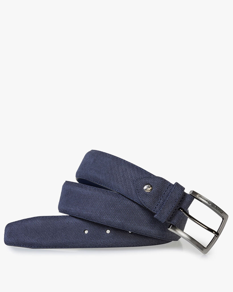 Dark blue suede leather belt with print