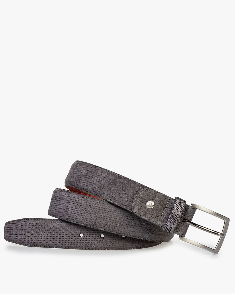 Suede leather belt dark grey with print