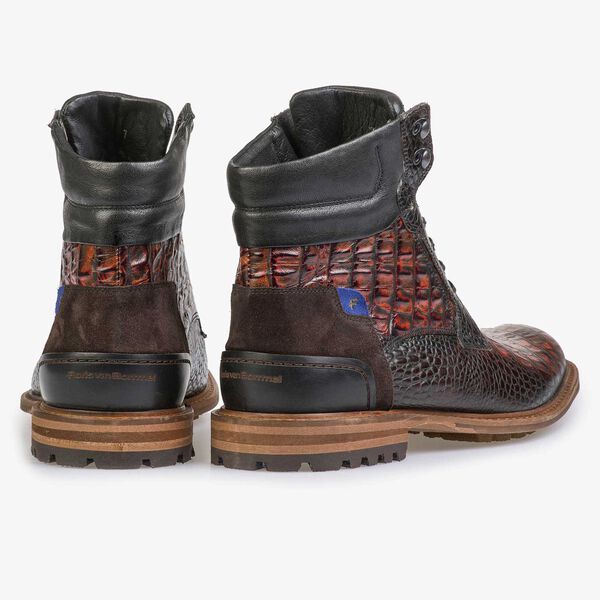 Brown calf leather lace boot with croco print