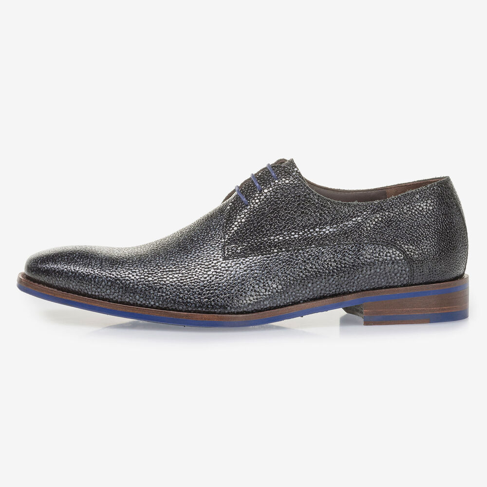 Blauer Leder-Schn&uuml;rschuh mit Metallic-Print