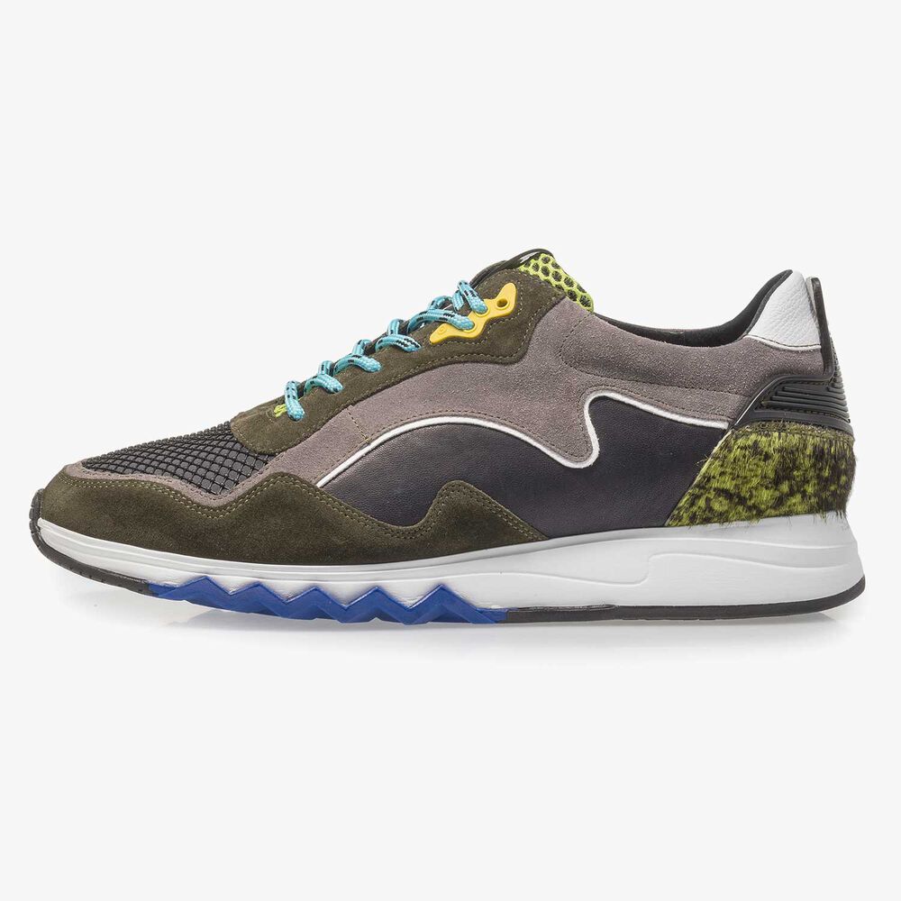 Green and yellow suede sneaker