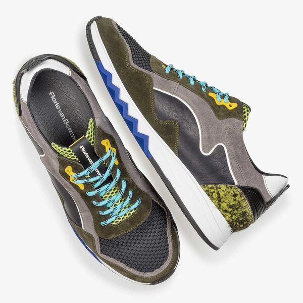 Green and yellow suede sneaker
