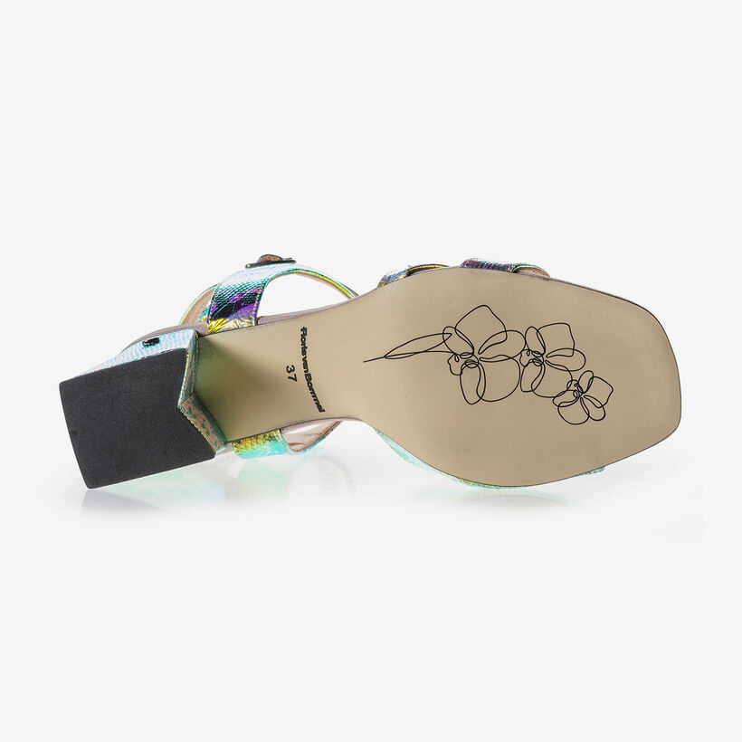 Leder-Sandalette mit gr&uuml;n-goldenem Metallic-Print