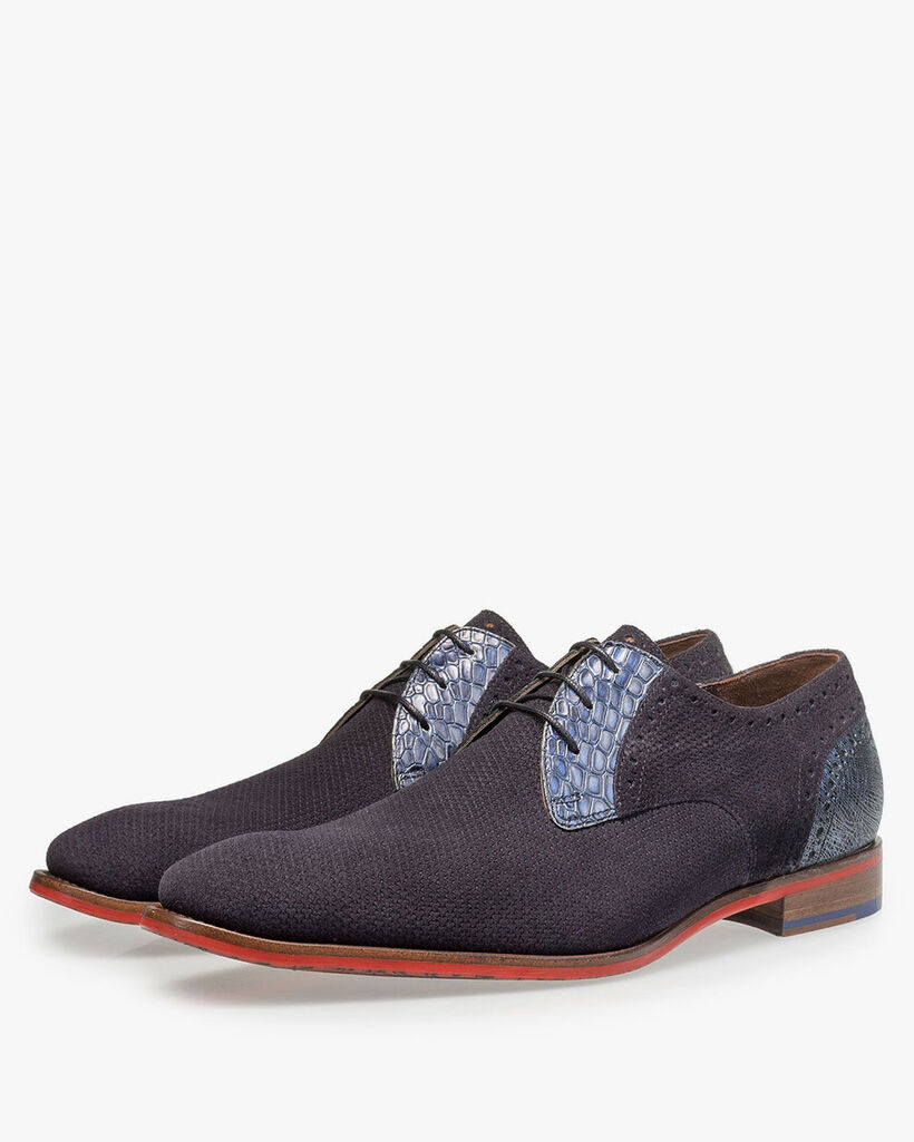 Blauer gemusterter Wildleder-Schn&uuml;rschuh