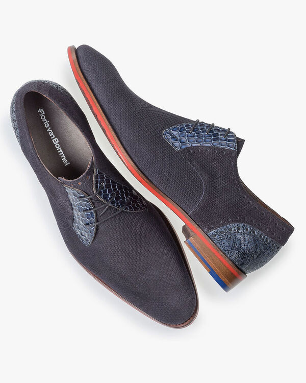 Blauer gemusterter Wildleder-Schn&uuml;rschuh