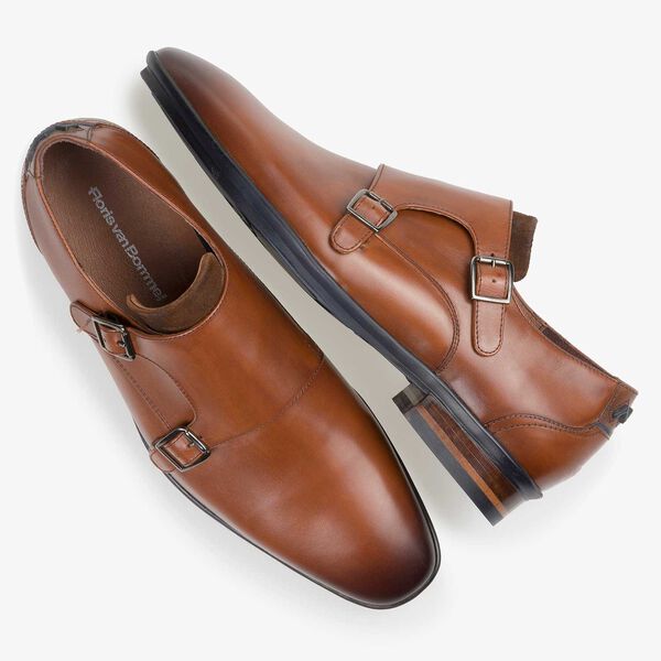 Cognac-coloured calf leather double buckle monk strap