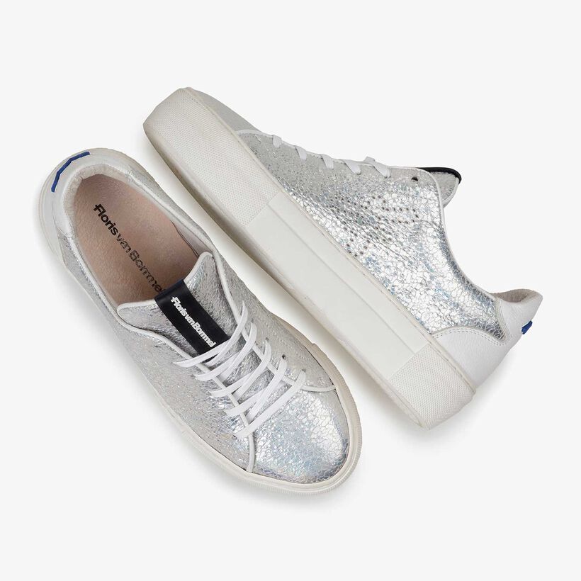 Silber Metallic Leder-Sneaker mit Craquel&eacute;-Effekt