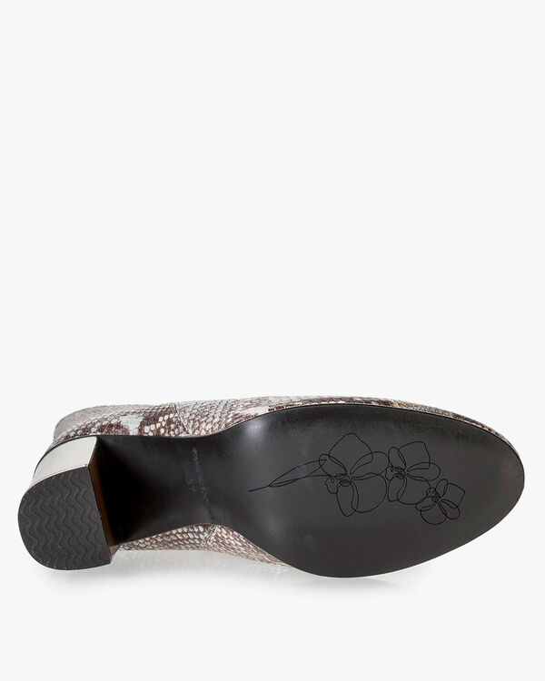 Braun-wei&szlig;e Lederstiefel mit Schlangenprint