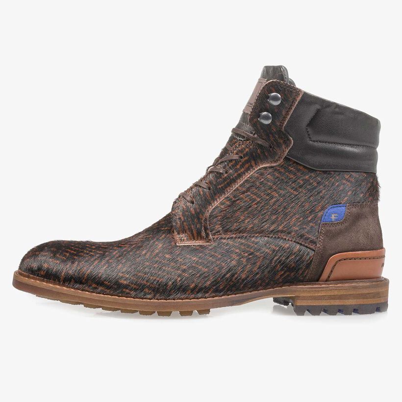 Cognacfarbener Premium Ponyfell-Schn&uuml;rstiefel mit Print