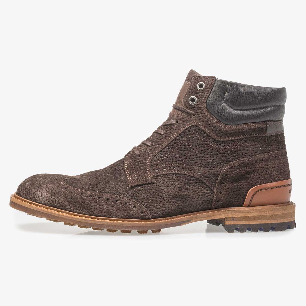 Dark brown suede lace boot with print