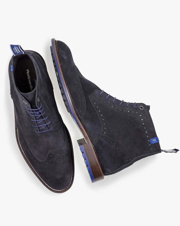 Dunkelblauer Kalbswildleder-Schn&uuml;rstiefel