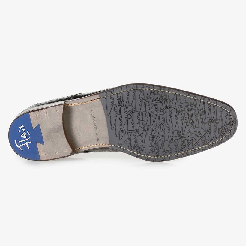 Blauer Leder-Schn&uuml;rstiefel mit Krokoprint