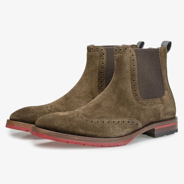 Braun/olivgr&uuml;ner Chelsea Boot aus Kalbswildleder