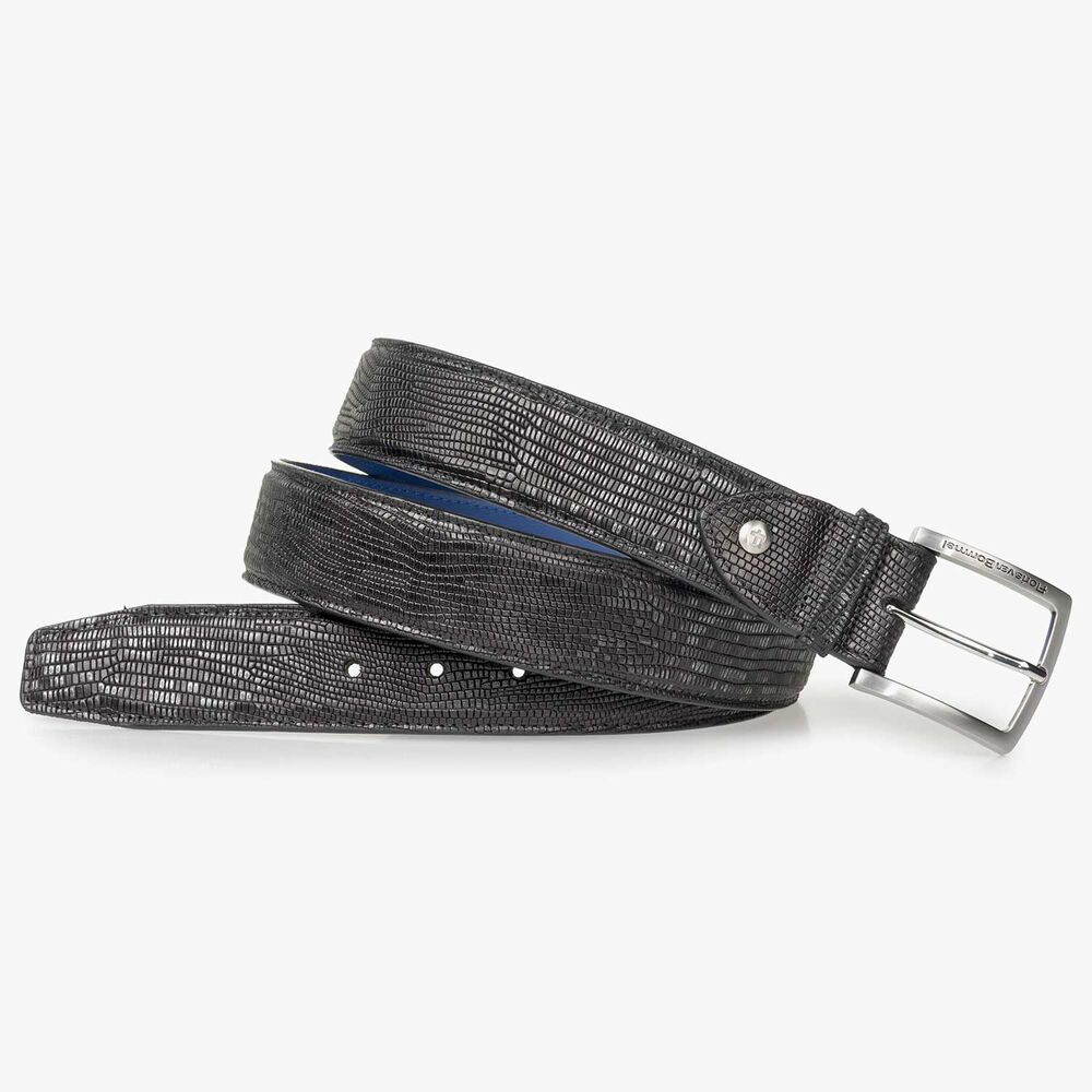 Schwarzer Lederg&uuml;rtel mit Eidechsenprint