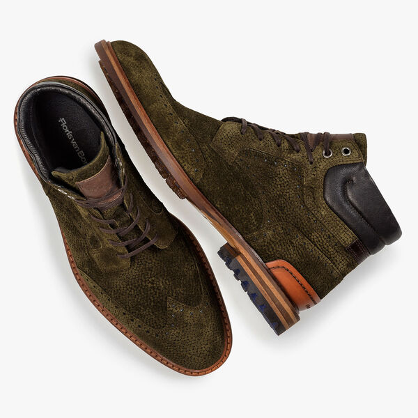Gr&uuml;ner Wildleder-Schn&uuml;rstiefel mit Print