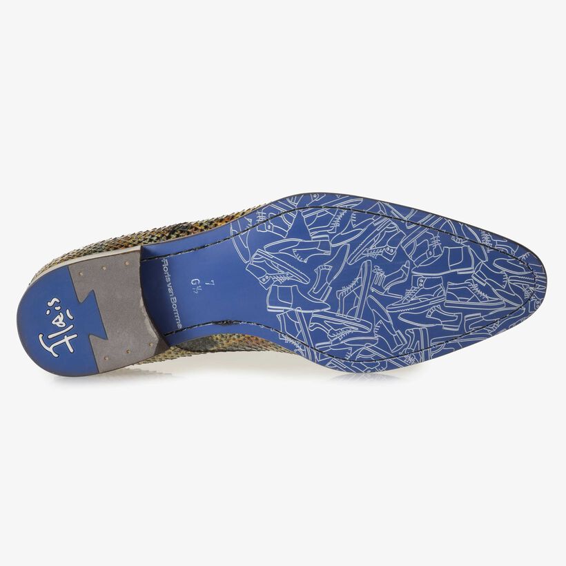 Gelb-brauner Lackleder-Schn&uuml;rschuh mit Schlangenprint