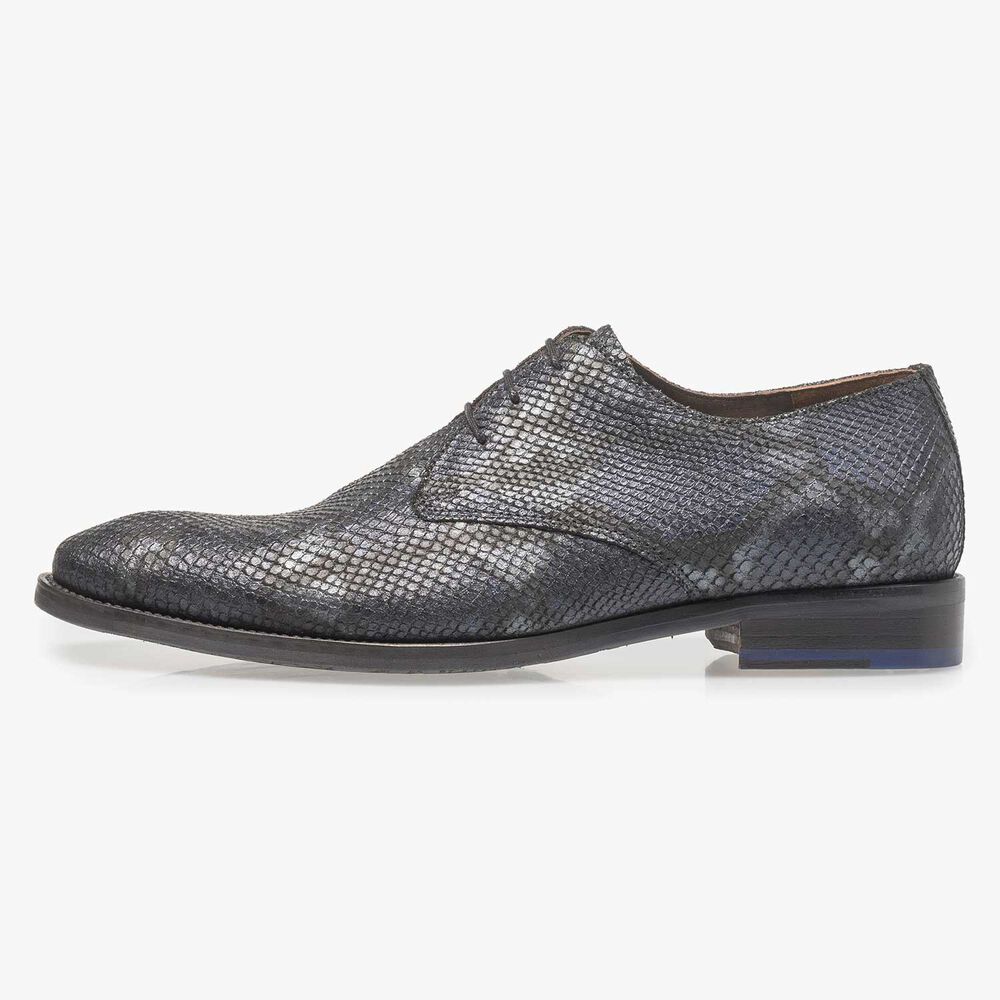 Blauer Leder-Schn&uuml;rschuh mit Schlangenprint
