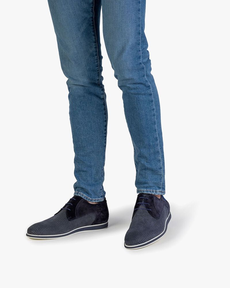 Schn&uuml;rschuh mit Print Wildleder blau