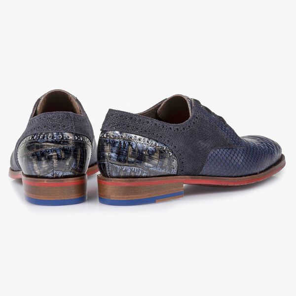 Blauer Leder-Schn&uuml;rschuh mit Schlangenprint