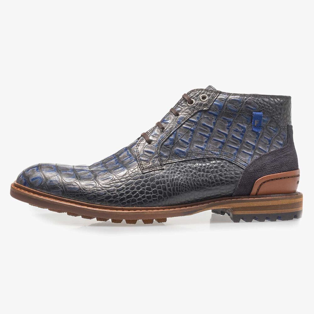 Blauer Leder-Schn&uuml;rstiefel mit Krokoprint