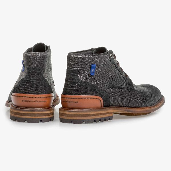 Black leather lace boot with lizard print
