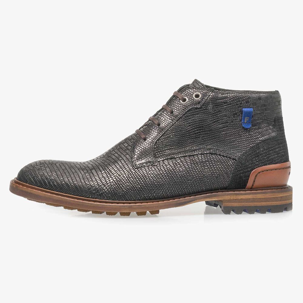 Black leather lace boot with lizard print