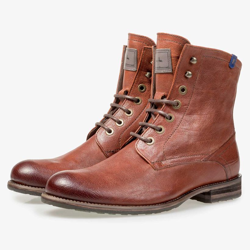 Wool lined cognac-coloured leather lace boot