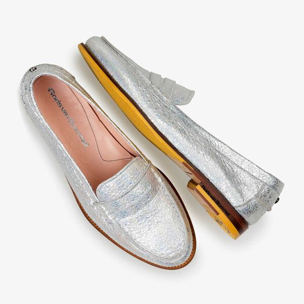 Silber Metallic Leder-Loafer mit Craquel&eacute;-Effekt