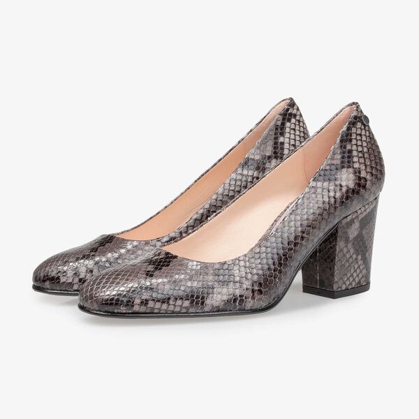 Graue Leder-Pumps mit Schlangenprint