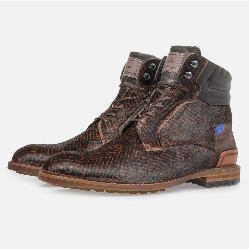 Cognacfarbener Premium Ponyfell-Schn&uuml;rstiefel mit Print