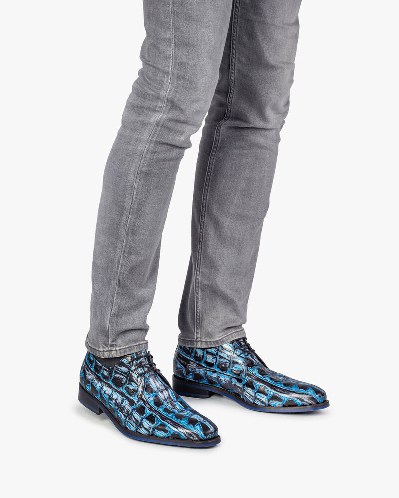 Schn&uuml;rschuh Krokoprint blau
