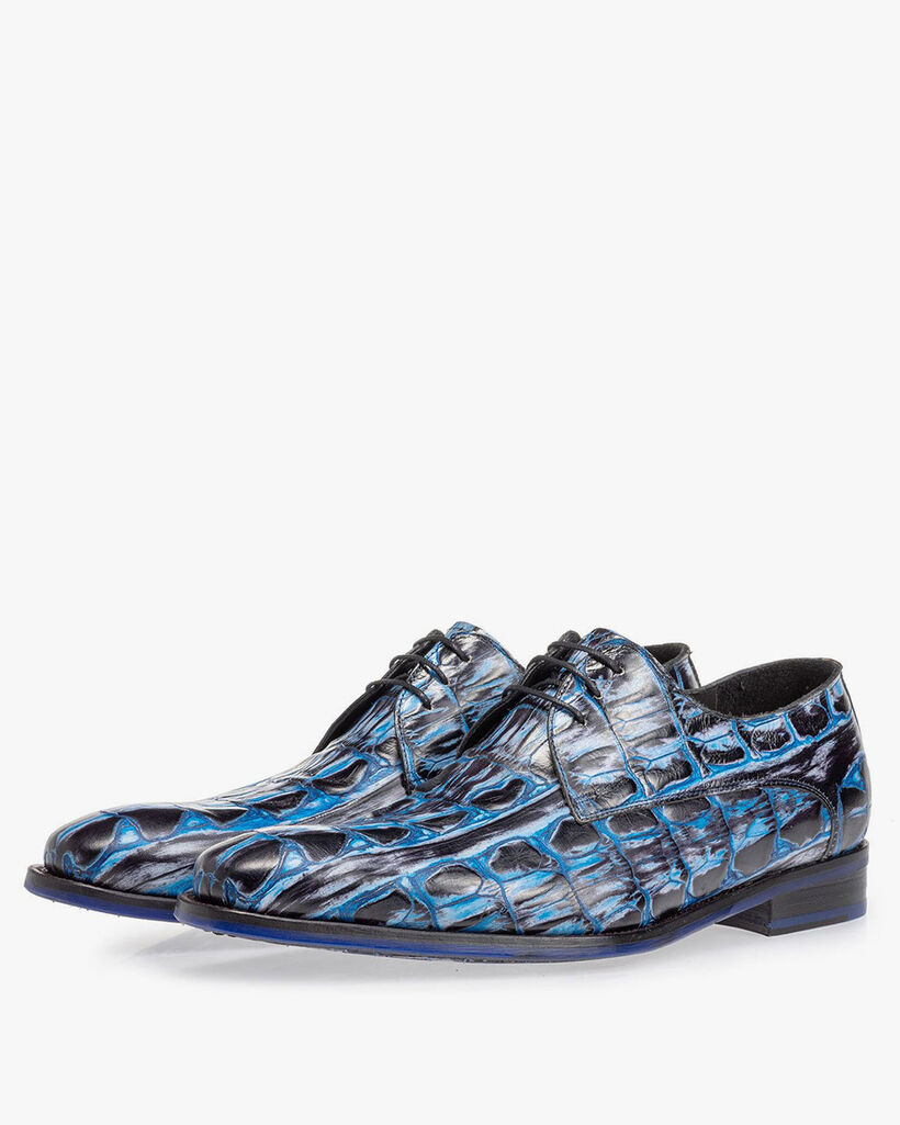 Schn&uuml;rschuh Krokoprint blau
