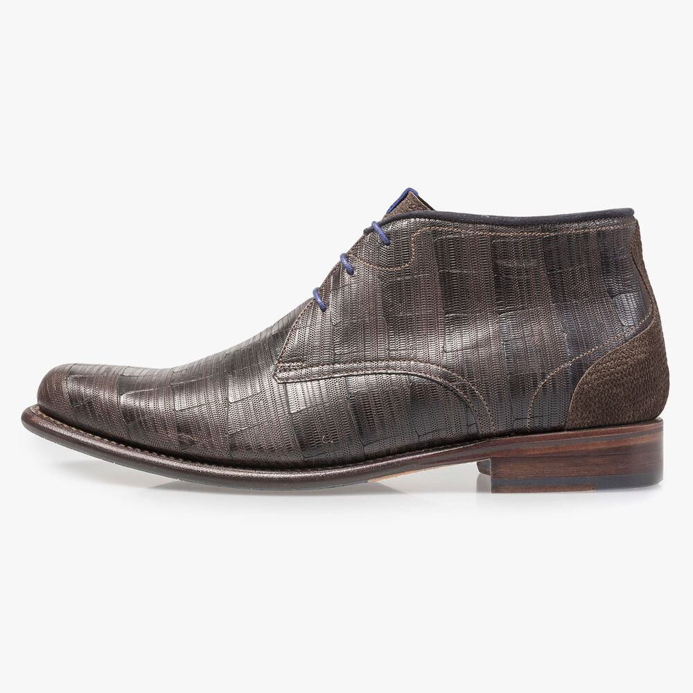 Dark brown calf leather lace boot with print