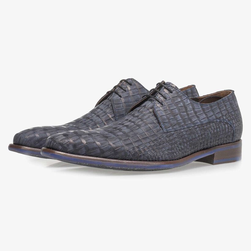 Blue nubuck leather lace shoe with croco print