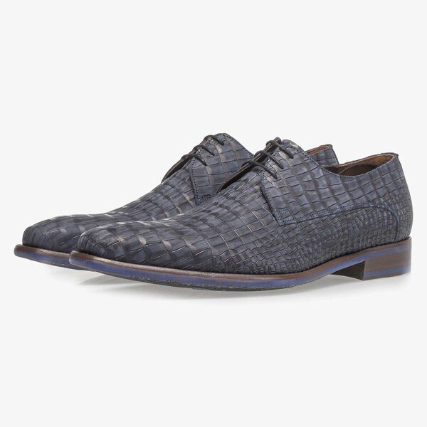Blue nubuck leather lace shoe with croco print