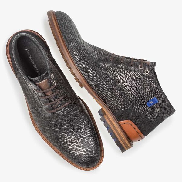 Black leather lace boot with lizard print