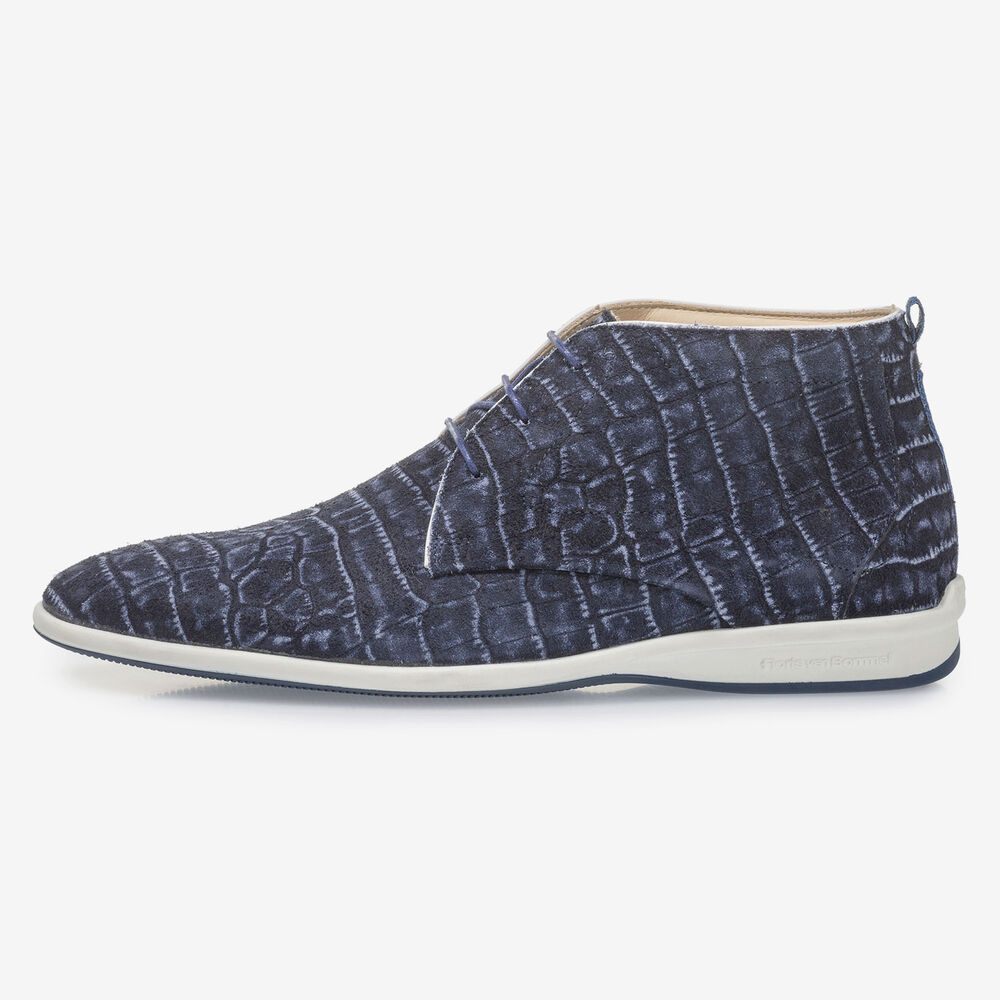 Blauer Schn&uuml;rstiefel mit Krokoprint