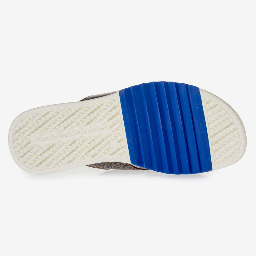 Dunkelgrauer Nubukleder Kreuzriemen-Slipper mit Print