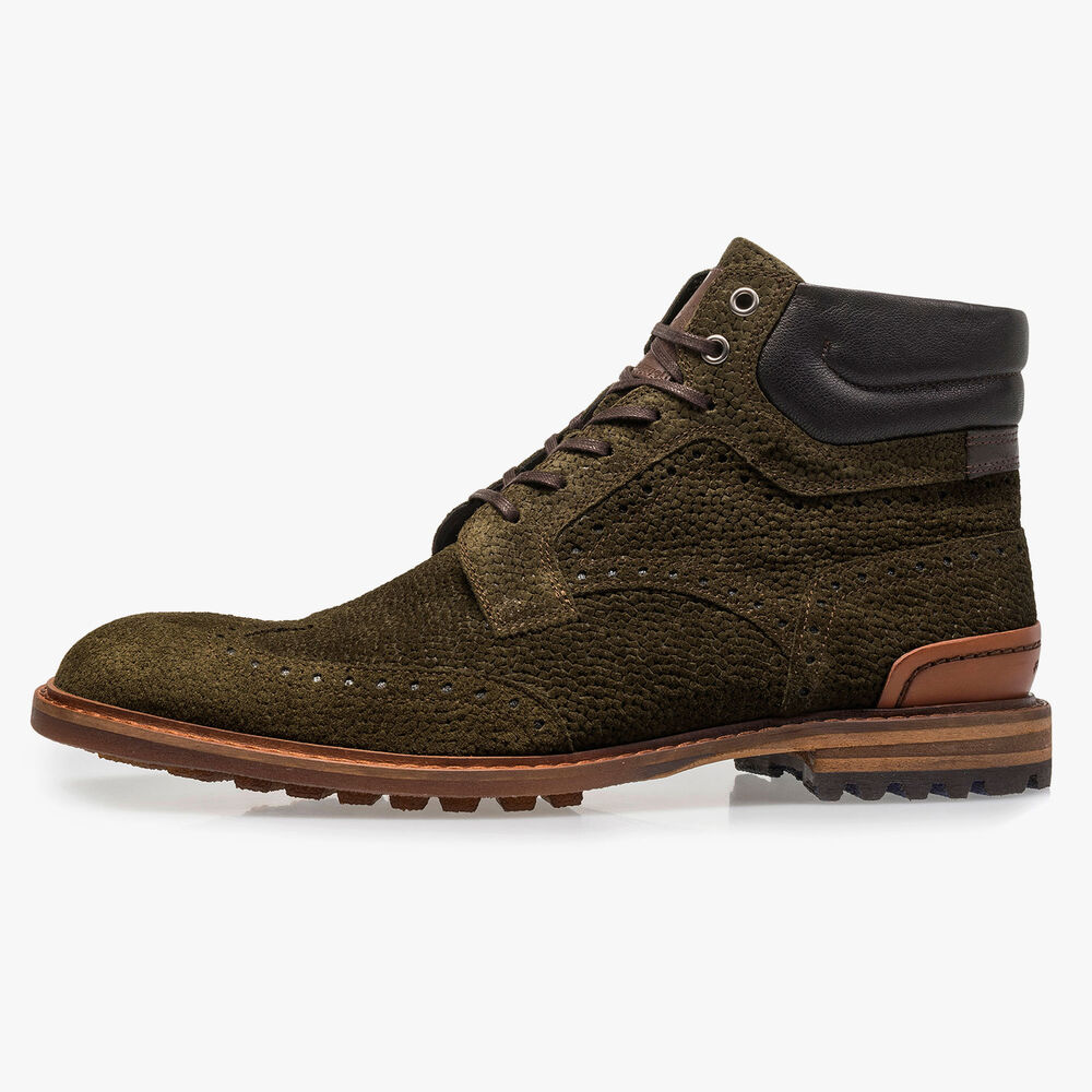 Gr&uuml;ner Wildleder-Schn&uuml;rstiefel mit Print