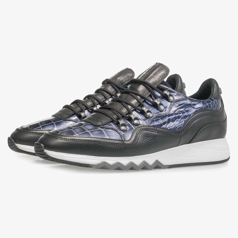 Blauer Premium Metallic-Leder-Sneaker mit Print
