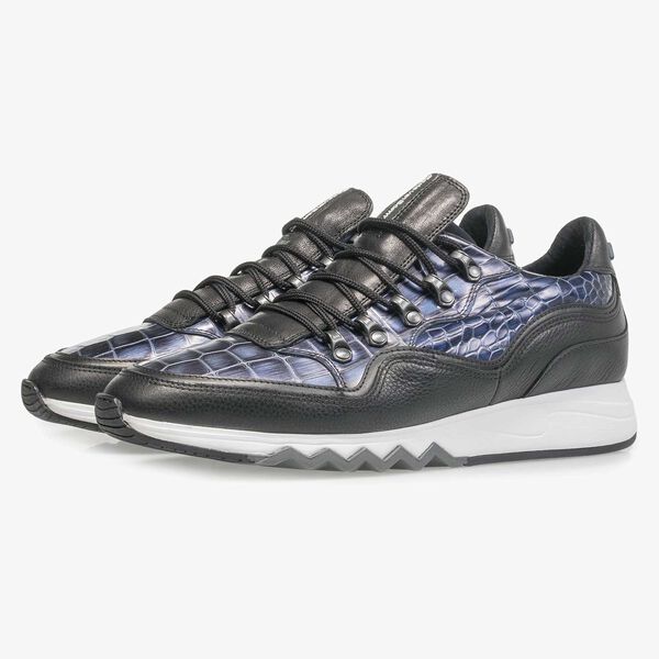 Blauer Premium Metallic-Leder-Sneaker mit Print