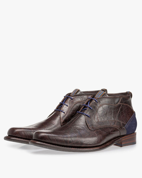 Schn&uuml;rstiefel Krokoprint braun