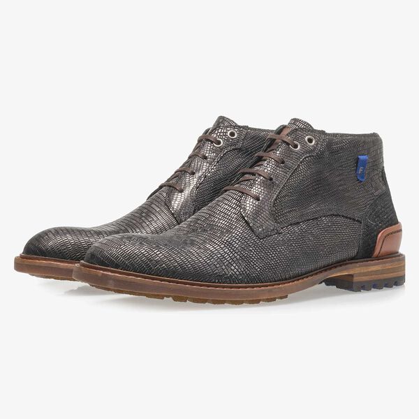 Black leather lace boot with lizard print