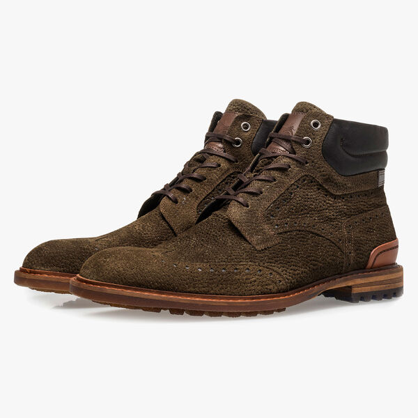 Gr&uuml;ner Wildleder-Schn&uuml;rstiefel mit Print